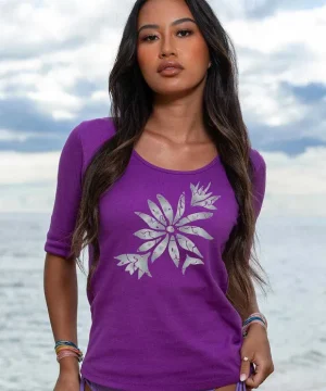 T-Shirts>Crazy Shirts Batik Flora - Violet Short Sleeve Banded Rib Knit T-Shirt
