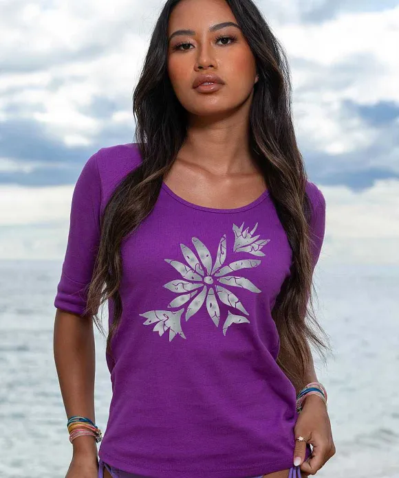 T-Shirts>Crazy Shirts Batik Flora - Violet Short Sleeve Banded Rib Knit T-Shirt