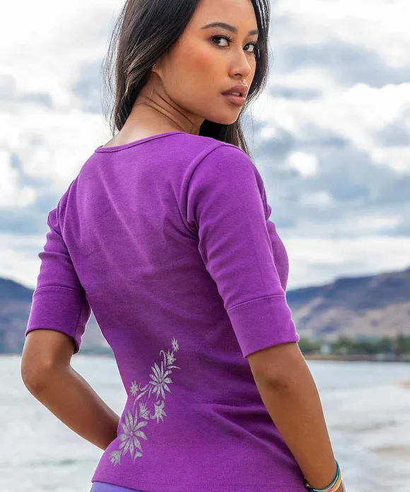 T-Shirts>Crazy Shirts Batik Flora - Violet Short Sleeve Banded Rib Knit T-Shirt