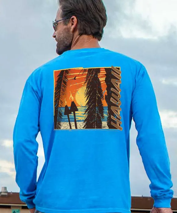 T-Shirts>Crazy Shirts Beach Tiki Sunset - Blue Hawaii Dyed Long Sleeve Crewneck T-Shirt