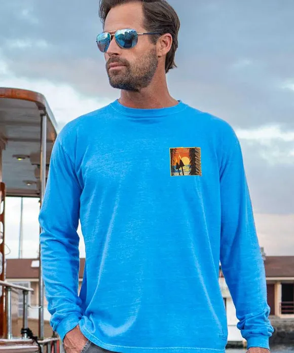 T-Shirts>Crazy Shirts Beach Tiki Sunset - Blue Hawaii Dyed Long Sleeve Crewneck T-Shirt