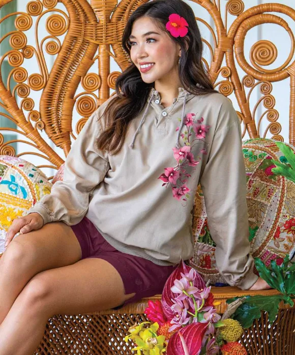Jackets & Pullovers>Crazy Shirts Bougainvillea Vines - Kona Coffee Dyed Long Sleeve Lightweight Pullover