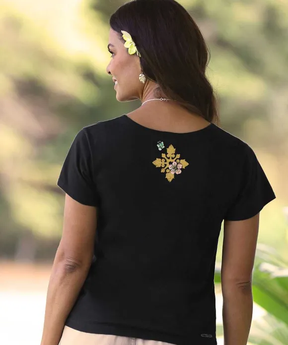 T-Shirts>Crazy Shirts Butterfly Quilt Cascade - Black Short Sleeve Scoop Neck T-Shirt