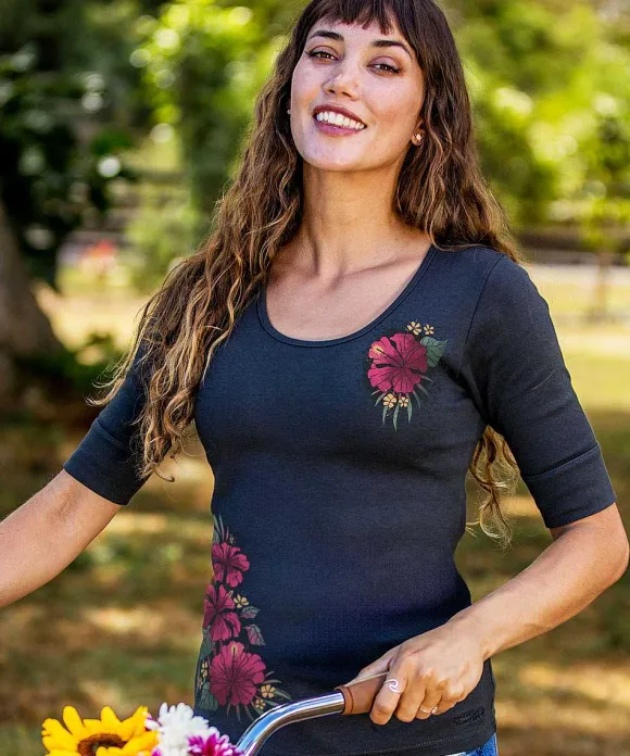 T-Shirts>Crazy Shirts Cherry Hibiscus - Charcoal Short Sleeve Banded Rib Knit T-Shirt