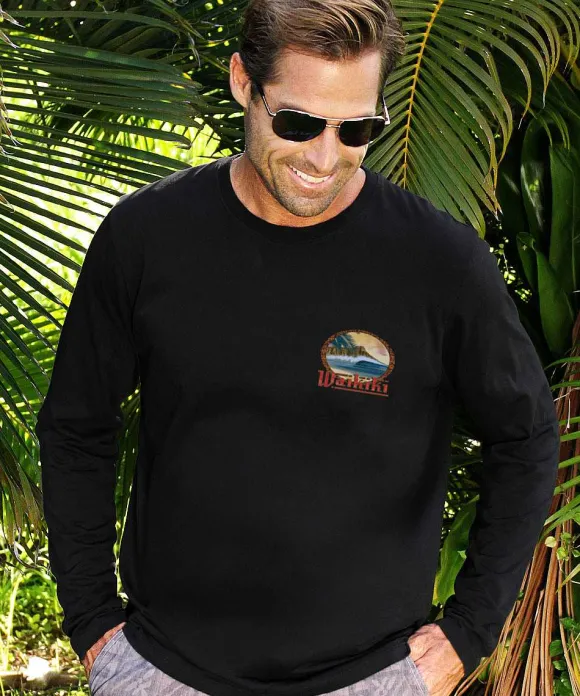 T-Shirts>Crazy Shirts Diamond Head Sunset - Jet Black Long Sleeve Pima T-Shirt