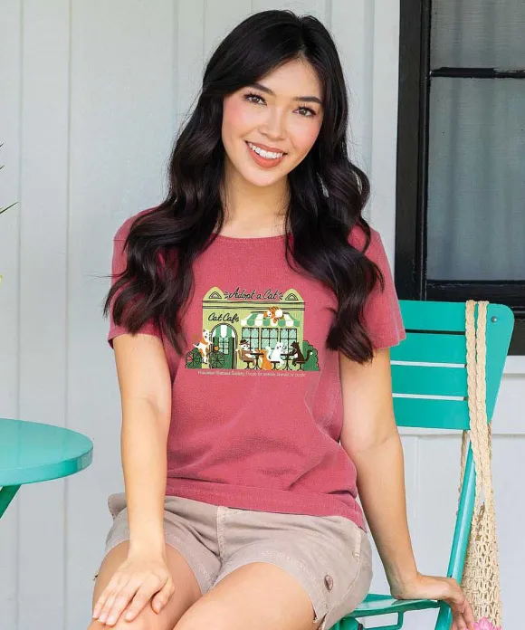 T-Shirts>Crazy Shirts Hawaiian Humane Society Cat Cafe - Paradise Red Dyed Short Sleeve Scoop Neck T-Shirt