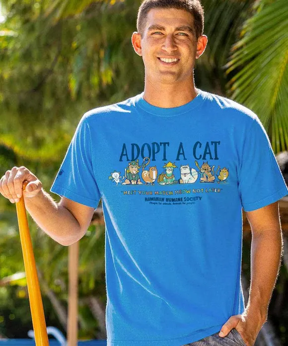 T-Shirts>Crazy Shirts Hawaiian Humane Society Match Meow - Blue Hawaii Dyed Short Sleeve Crewneck T-Shirt