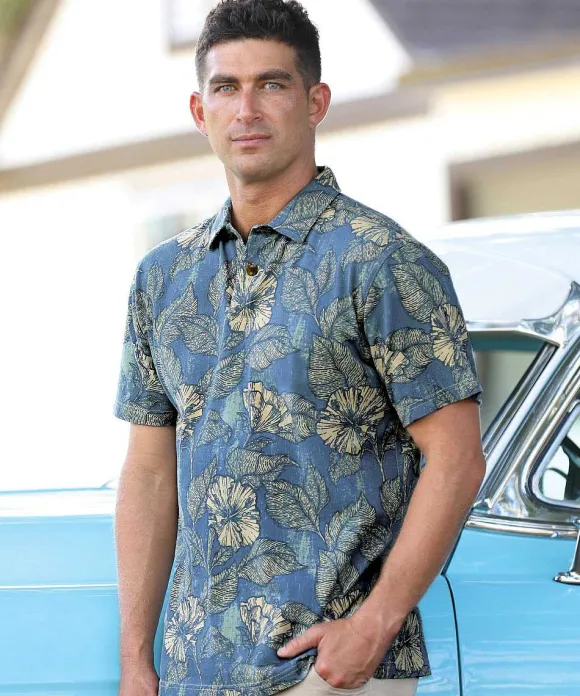 Polos>Crazy Shirts Hibiscus Woodcut - Teal/Khaki Short Sleeve Hawaiian Polo Shirt