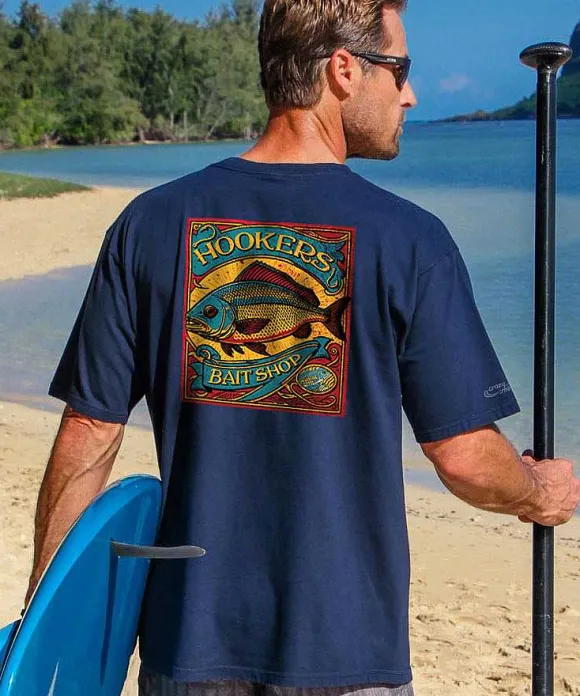 T-Shirts>Crazy Shirts Hookers Bait Shop - Navy Short Sleeve Crewneck T-Shirt