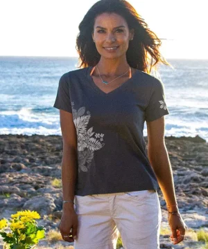 T-Shirts>Crazy Shirts Kalei - Graphite Short Sleeve Pima V-Neck T-Shirt
