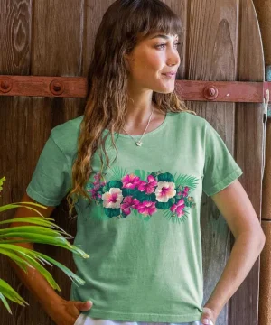 T-Shirts>Crazy Shirts Pacific In Bloom - Key Lime Dyed Short Sleeve Scoop Neck T-Shirt