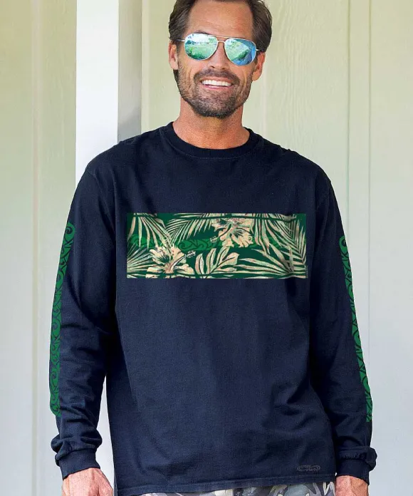 T-Shirts>Crazy Shirts Painted Floral Band - Black Long Sleeve Crewneck T-Shirt