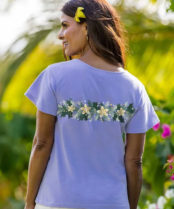 T-Shirts>Crazy Shirts Plumeria Garland - Lavender Dyed Short Sleeve Scoop Neck T-Shirt