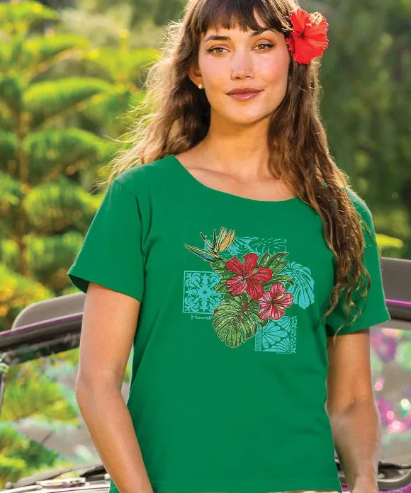T-Shirts>Crazy Shirts Pua Nani Montage - Wintergreen Dyed Short Sleeve Scoop Neck T-Shirt