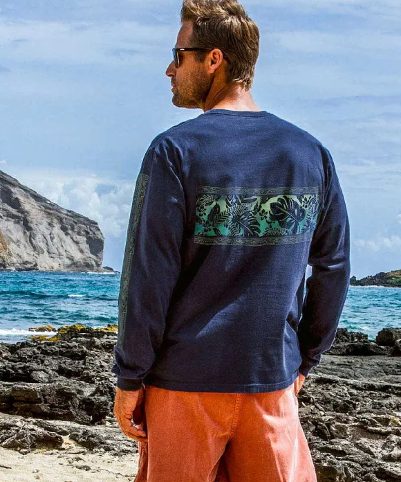 T-Shirts>Crazy Shirts Rainforest Pua - Navy Long Sleeve Crewneck T-Shirt