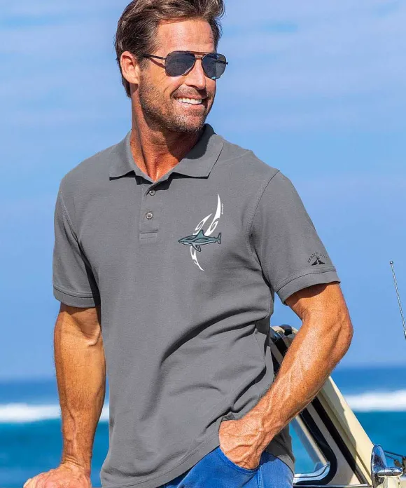 Polos>Crazy Shirts Shark Patrol - Crater Dyed® Short Sleeve Oceanfront Polo Shirt