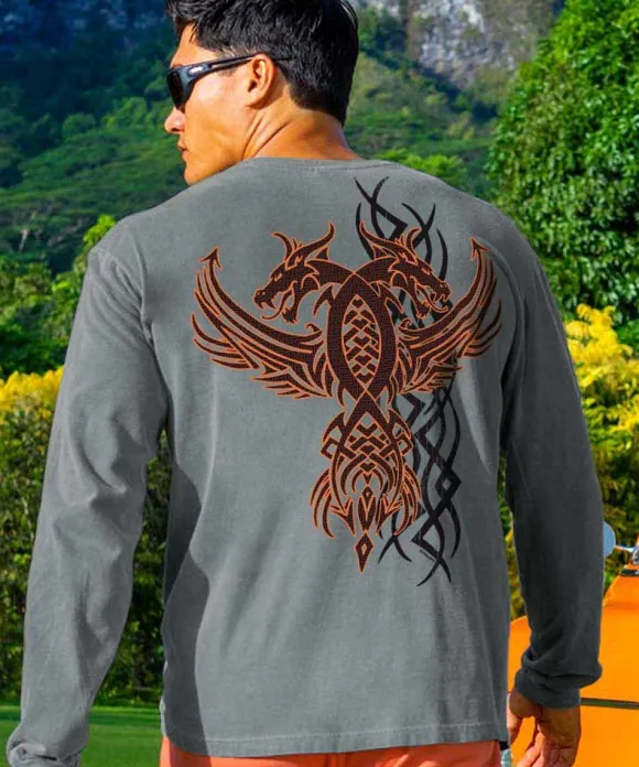 T-Shirts>Crazy Shirts Sign Of The Dragon - Crater Dyed® Long Sleeve Crewneck T-Shirt