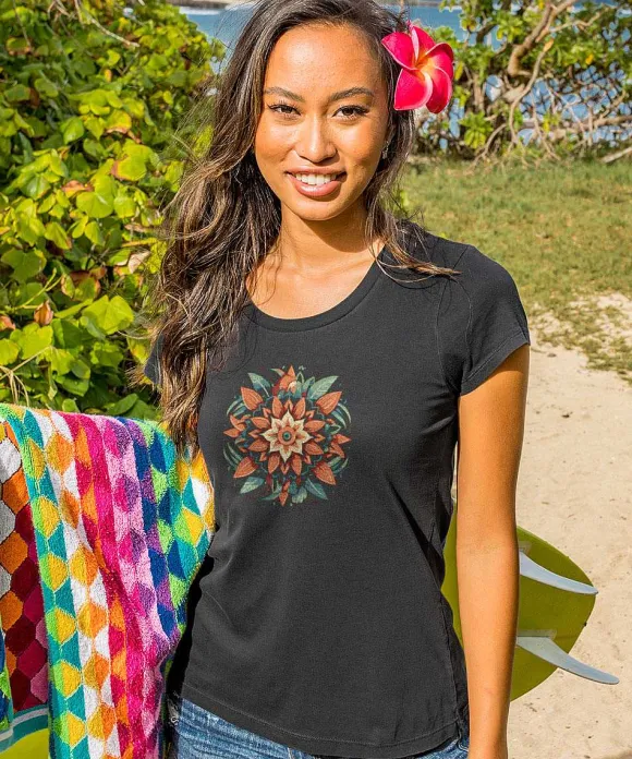 T-Shirts>Crazy Shirts Tribal Flower Quilt - Jet Black Short Sleeve Pima T-Shirt