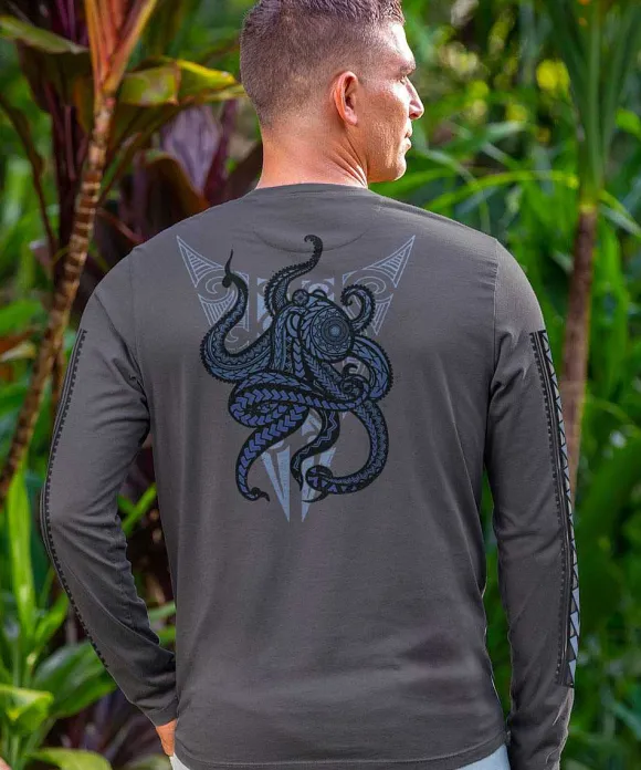 T-Shirts>Crazy Shirts Tribal He'E Guardian - Smoke Long Sleeve Pima T-Shirt