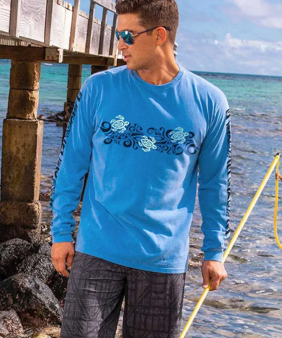 T-Shirts>Crazy Shirts Tribal Honu Band - Blue Hawaii Dyed Long Sleeve Crewneck T-Shirt
