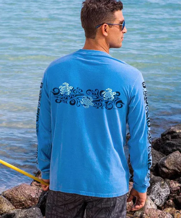 T-Shirts>Crazy Shirts Tribal Honu Band - Blue Hawaii Dyed Long Sleeve Crewneck T-Shirt