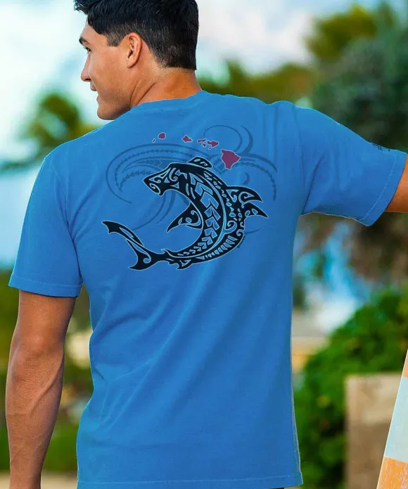 T-Shirts>Crazy Shirts Tribal Mano Islands - Blue Hawaii Dyed Short Sleeve Crewneck T-Shirt