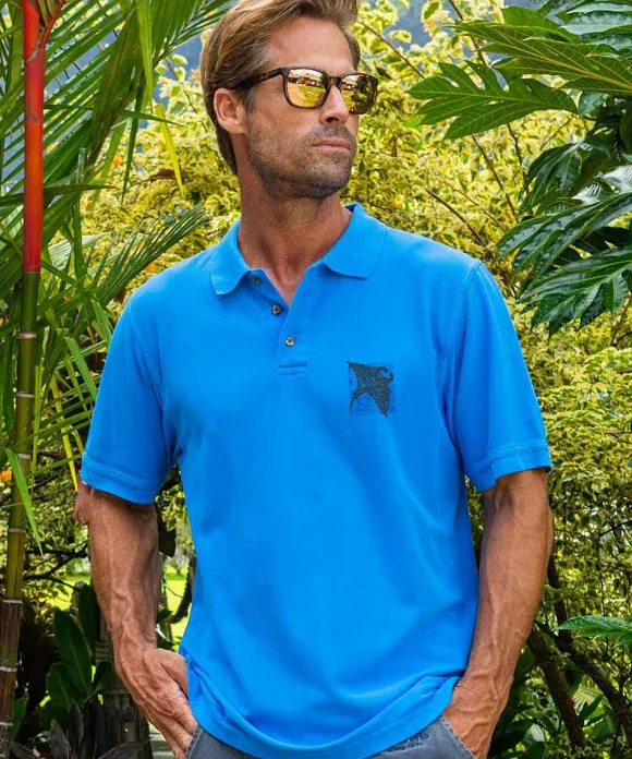 Polos>Crazy Shirts Tribal Manta Block - Blue Hawaii Dyed Short Sleeve Oceanfront Polo Shirt