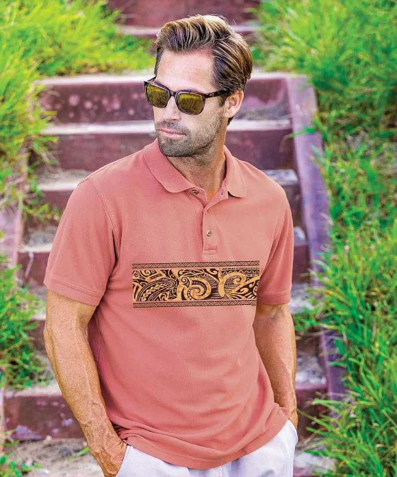 Polos>Crazy Shirts Tribal Nalu Mano Band - Chile Dyed Short Sleeve Oceanfront Polo Shirt