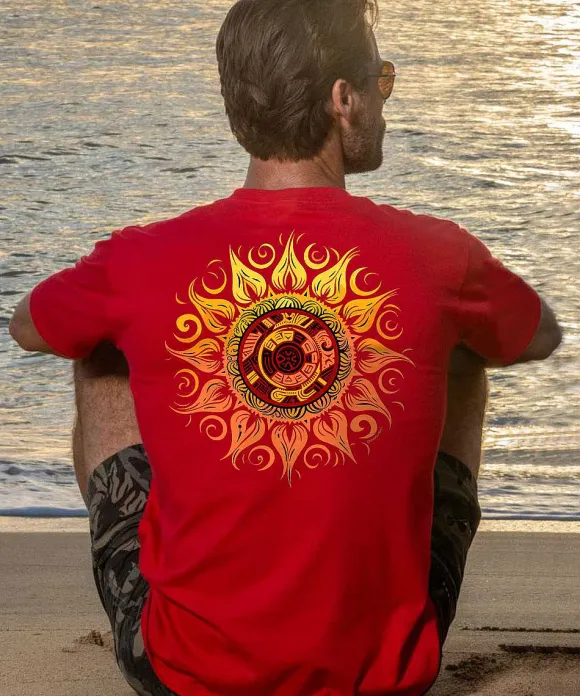 T-Shirts>Crazy Shirts Tribal Sun - Cherry Dyed Short Sleeve Crewneck T-Shirt