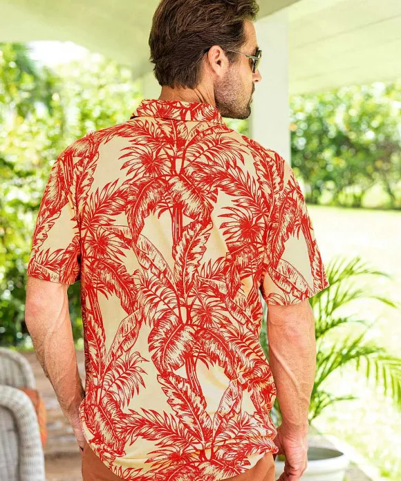 Polos>Crazy Shirts Tropical Canopy - Khaki Red Short Sleeve Hawaiian Polo Shirt