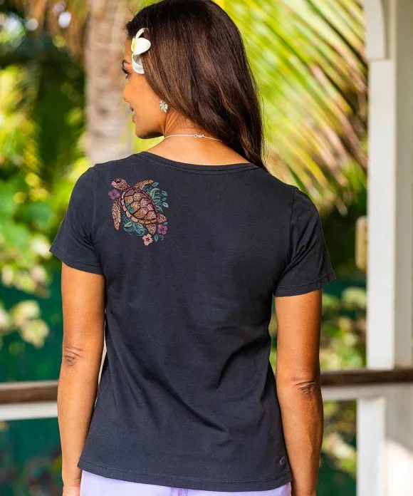 T-Shirts>Crazy Shirts Tropical Floral Turtle - Jet Black Short Sleeve Pima V-Neck T-Shirt