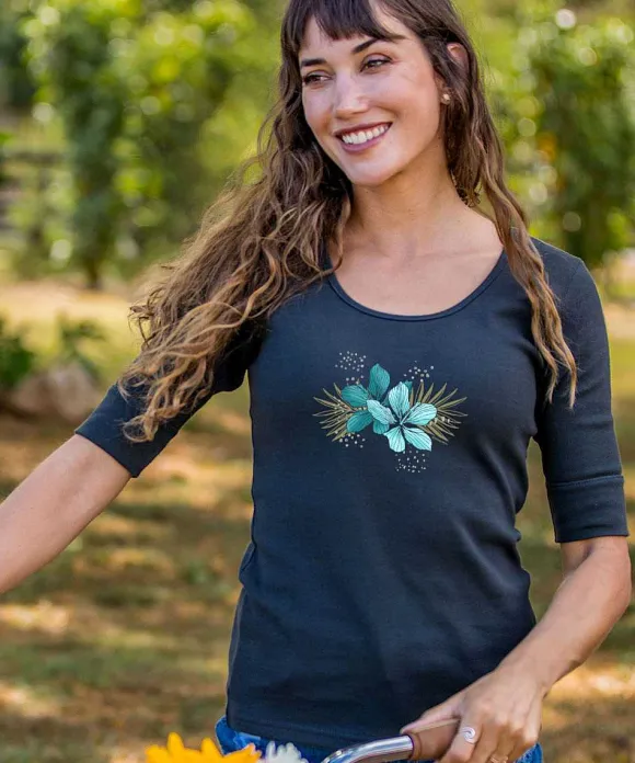 T-Shirts>Crazy Shirts Tropical Twin Hibiscus - Charcoal Short Sleeve Banded Rib Knit T-Shirt