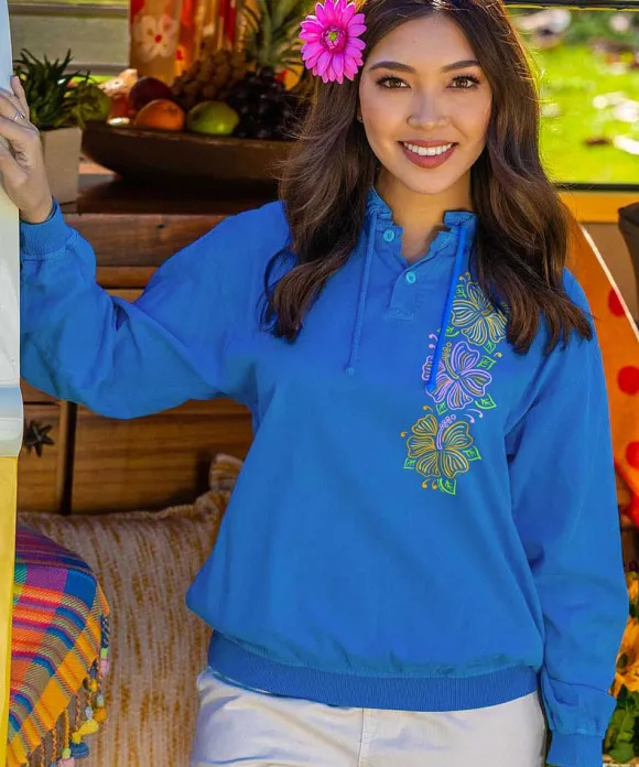 Jackets & Pullovers>Crazy Shirts Vertical Hibiscus Flowers - Blue Hawaii Dyed Long Sleeve Lightweight Pullover