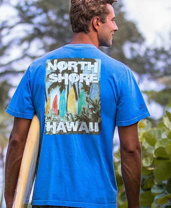 T-Shirts>Crazy Shirts Vintage Boards - Blue Hawaii Dyed Short Sleeve Crewneck T-Shirt