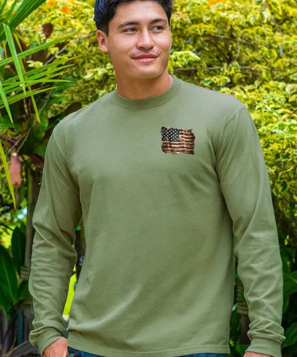 T-Shirts>Crazy Shirts Vintage Flag - Hemp Dyed Long Sleeve Crewneck T-Shirt