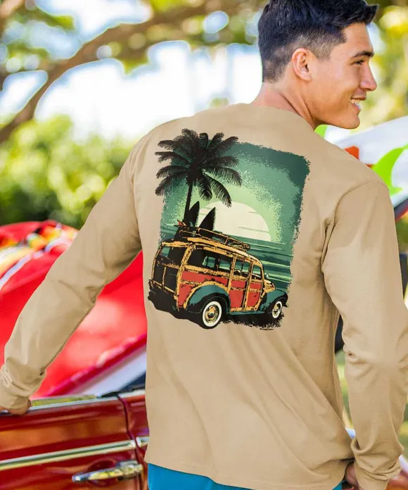T-Shirts>Crazy Shirts Woody Sunset Surf - Kona Coffee Dyed Long Sleeve Crewneck T-Shirt