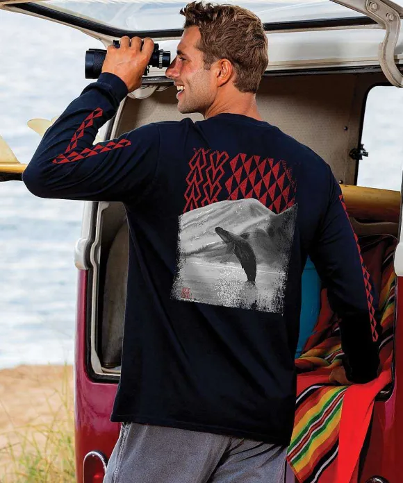 T-Shirts>Crazy Shirts Wyland® Breaching Whale - Black Long Sleeve Crewneck T-Shirt
